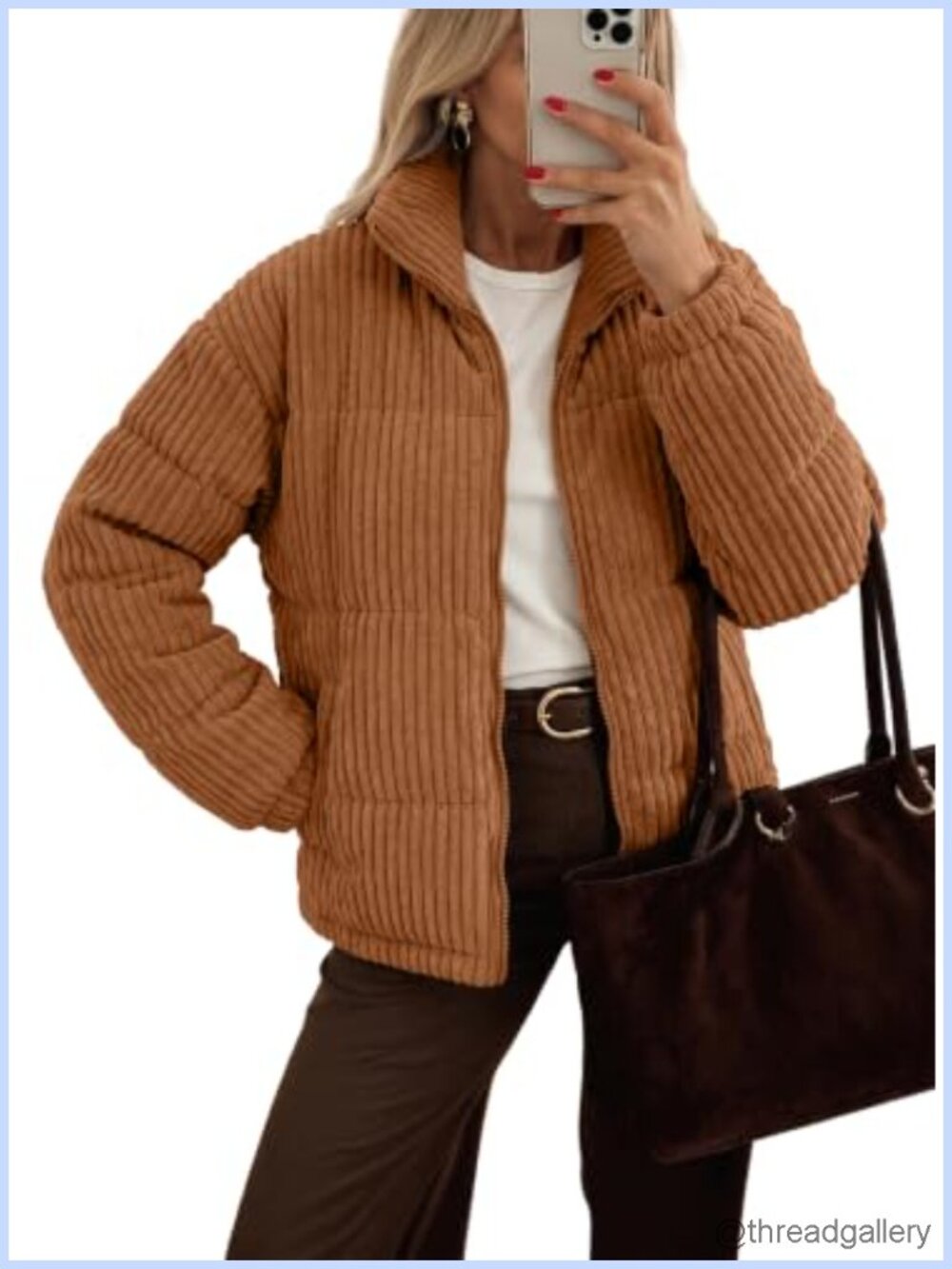 Women's Cropped Corduroy Quilted Jacket Zip Up Coat